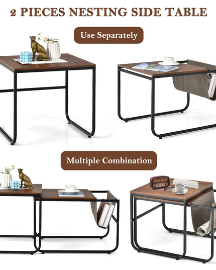 Nesting Coffee Table Set of 2, Stackable Side Table w/Side Pocket