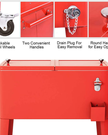 80 Quart Cooler Cart Outdoor Cooler Cart ,Portable Cooler with Casters,Red Metal