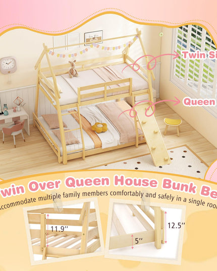 Giantex Twin Over Queen Bunk Bed, Wood House Bunk Bed for Kids with Climbing Nets and Ramp