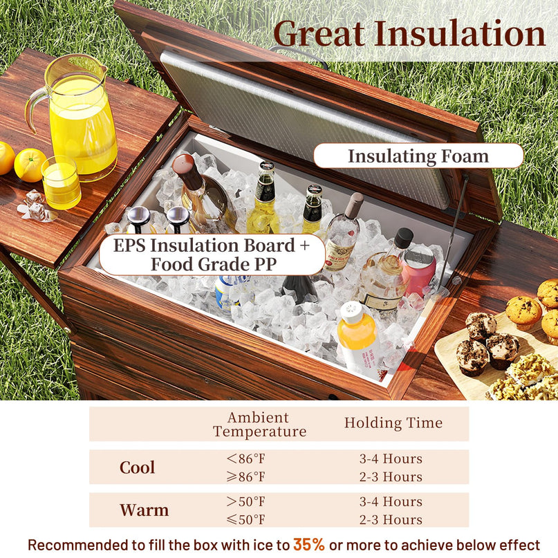 Giantex 54QT Wooden Patio Cooler Cart with Wheels Insulated Rolling Ice Chest with Drain