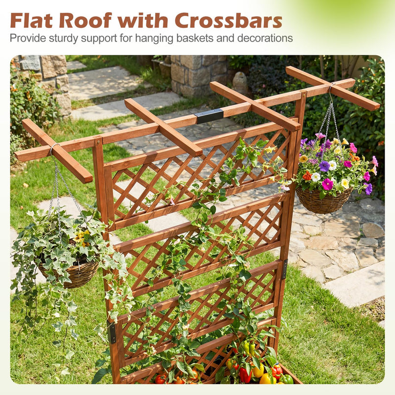 Giantex Raised Garden Bed with Trellis 1/2 Pack 72'' Wooden Planter Box(60"Lx22”Wx 72"H)