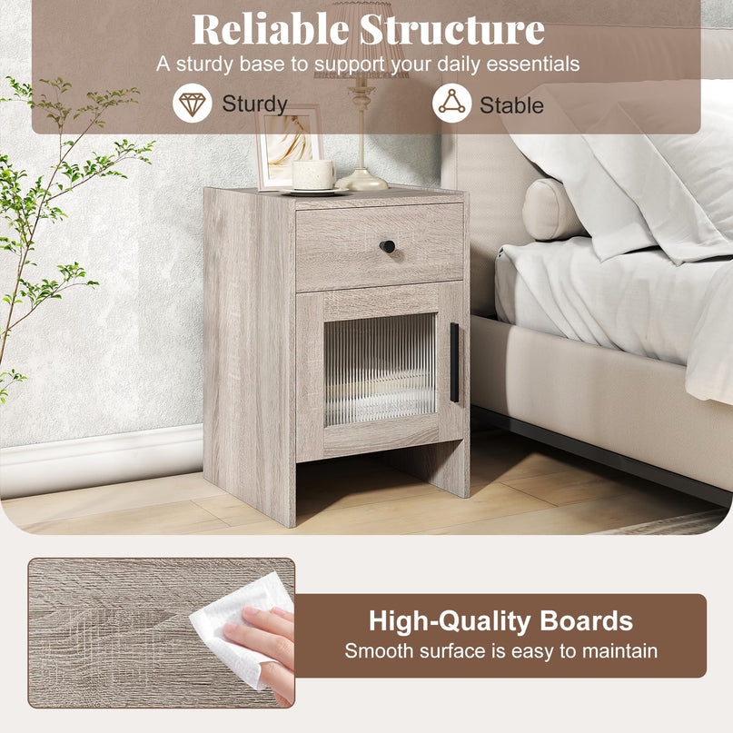 Giantex Farmhouse 16 Inch Rustic End Table with Wavy PC Door and Drawer