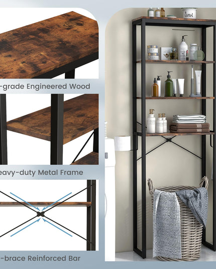 Giantex Over The Toilet Storage Rack, 4-Tier Wooden Bathroom Space Saver w/Metal Frame & 2 Hooks