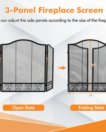 Giantex 3-Panel Folding Fireplace Screen Black - 50 x 31 Inch No Assembly Required Decorative Freestanding Steel Mesh Fire Screen