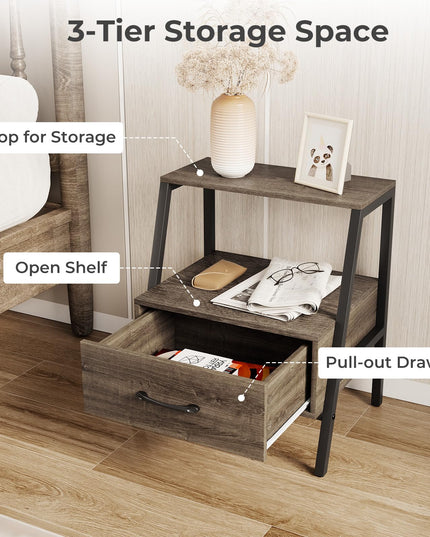 Giantex 3-Tier Farmhouse Nightstand with Drawer and Open Shelf
