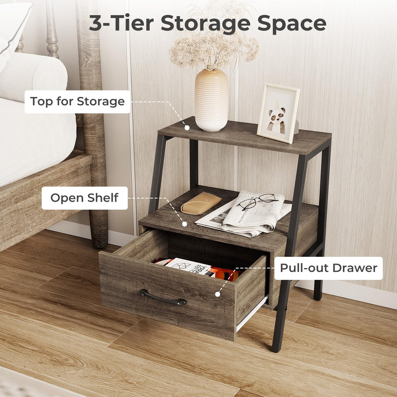 Giantex 3-Tier Farmhouse Nightstand with Drawer and Open Shelf