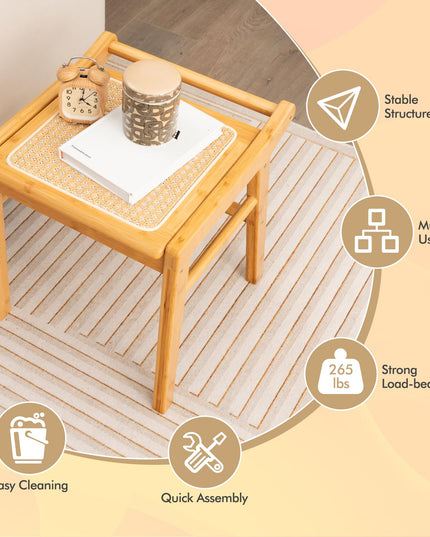 CHARMAID Vanity Stool, Bamboo Ottoman Foot Rest with Rattan Seat, Anti-Slip Foot Pads