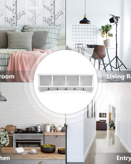 Giantex Wall-Mounted Storage Shelf W/4 Storage Units and 5 Dual Hooks