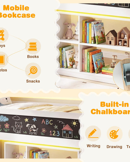 Lit mezzanine bas Giantex pour lit jumeau avec lumières LED, bibliothèque amovible et espace de rangement sous le lit