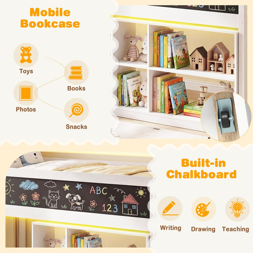 Lit mezzanine bas Giantex pour lit jumeau avec lumières LED, bibliothèque amovible et espace de rangement sous le lit