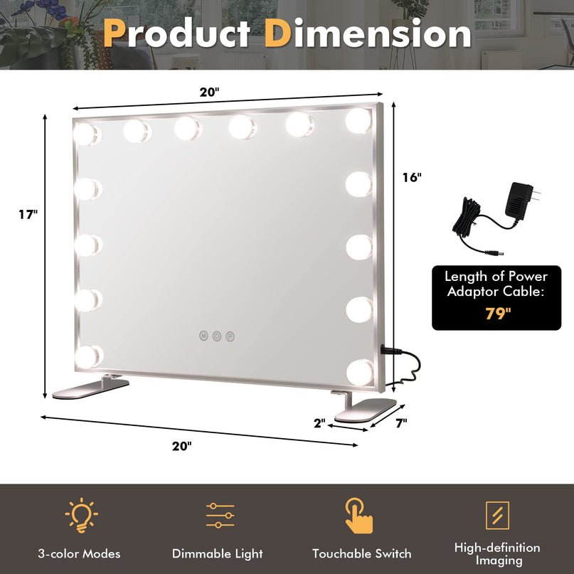 CHARMAID Vanity Mirror with Lights - 14 Dimmable LED Bulbs, 3 Lighting Colors, Touch Control