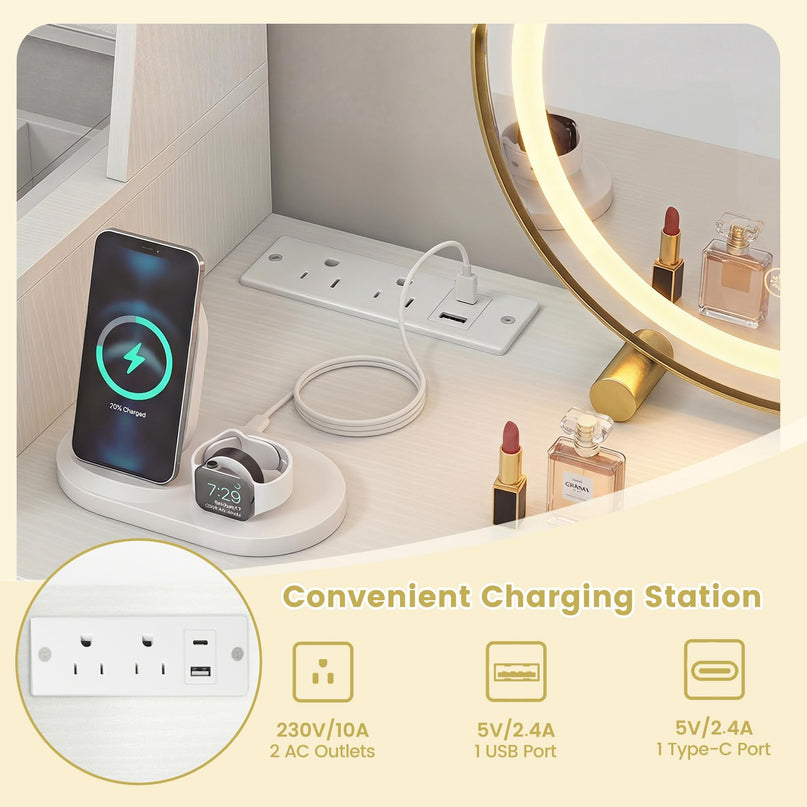 CHARMAID Vanity Desk with Charging Station Jewelry Organizer