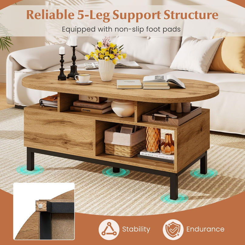 Giantex 47" Oval Coffee Table with Storage Compartments Drawer & 5 Support Legs