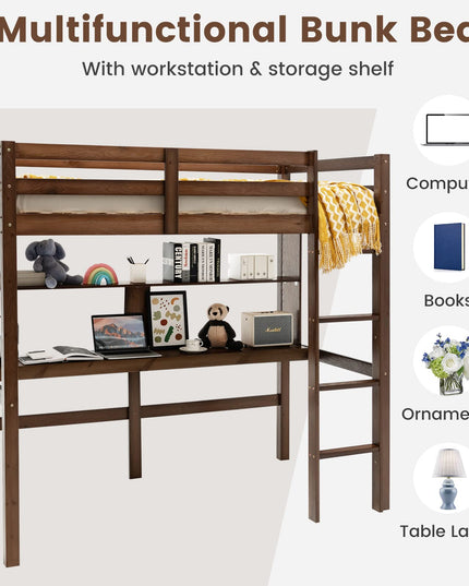 Giantex Twin Loft Bed with Desk and Bookshelf, Wooden Bed Frame with Safety Guardrail & Ladder