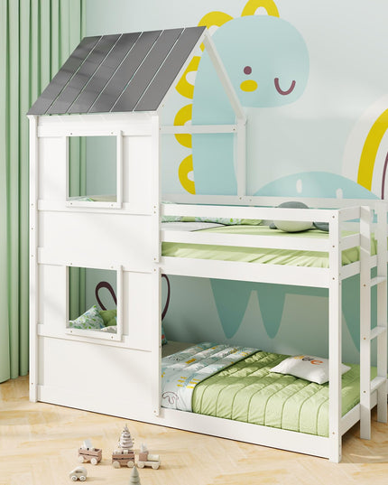 Giantex House Bunk Bed Twin Over Twin, Solid Wood Floor Bunk Bed with Built in Ladder, Window & Safety Guardrail