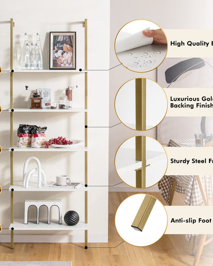 Giantex 5 Tier Modern Wall Mounted Bookshelf, 71'' White and Gold Wood Bookcase with Steel Frame