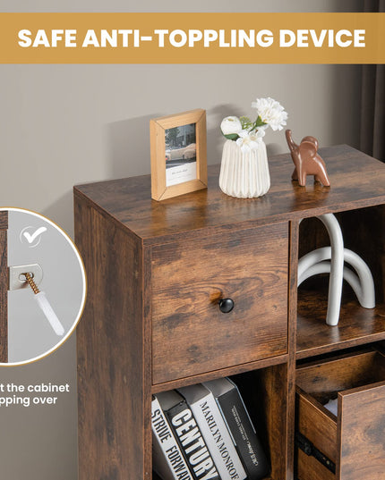 Giantex 6-Cube Bookcase with Drawers, 3-Tier Freestanding Wooden Bookshelf with Anti-toppling Device