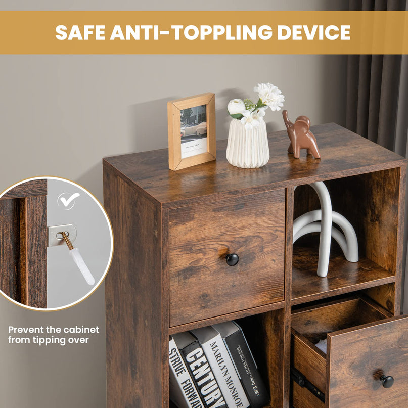 Giantex 6-Cube Bookcase with Drawers, 3-Tier Freestanding Wooden Bookshelf with Anti-toppling Device