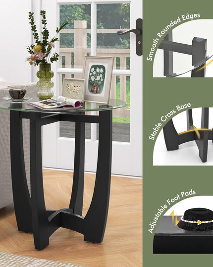 Giantex Glass End Table, Round Side Table with Rubber Wood Frame & Tempered Glass Top, 23.5" Small Black Coffee Table