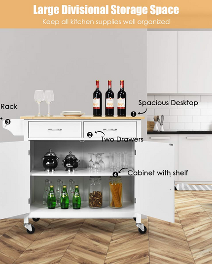 Giantex Kitchen Island, Rolling Kitchen Cart, Wood Counter Top, Bar Dining Room Organizer Furniture, White
