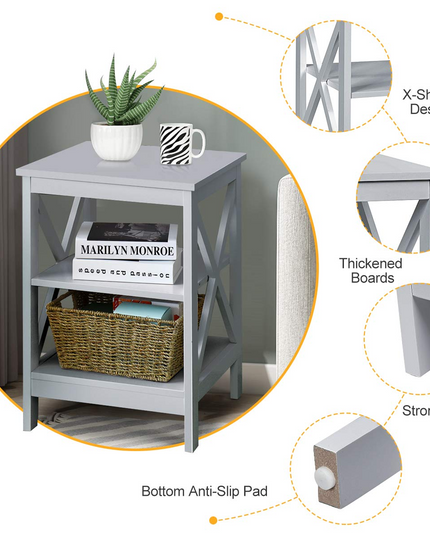 Nightstand 3-Tier X-Design W/Storage Shelves and Stable Structure Storage Organizer Display Sofa Side Table
