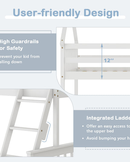 Giantex Twin Over Full House Bunk Bed, Floor Low Bunk Bed Frame w/Integrated Ladder & Safety Guardrails
