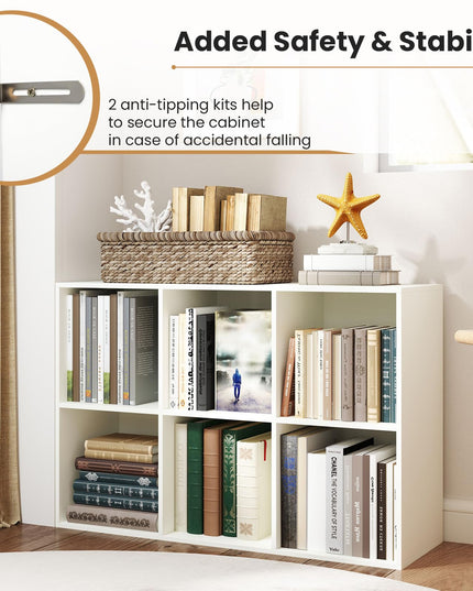 Giantex 6-Cube Bookcase, 3-Tier Cubby Bookshelf, Horizontal Vertical Display Rack with Anti-Tipping Kits
