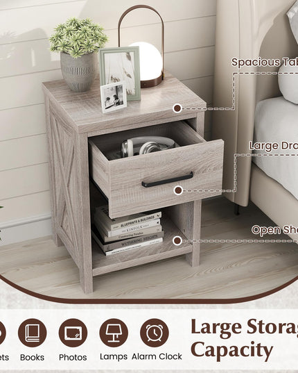 Giantex Farmhouse Wooden Bedside Table with Storage Drawer & Open Shelf