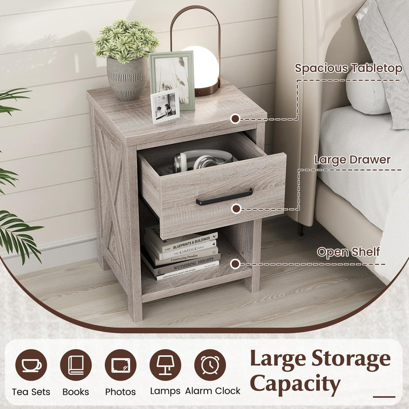 Giantex Farmhouse Wooden Bedside Table with Storage Drawer & Open Shelf