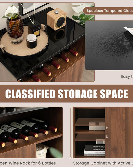 Giantex Wine Bar Cabinet, Small Sideboard Buffet Cabinet with Tempered Glass Top, Adjustable Feet & Shelf, Sliding Door