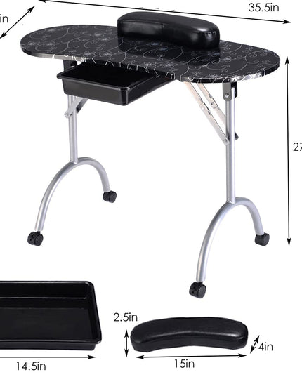 Foldable Nail Table Workstation with Lockable Wheels