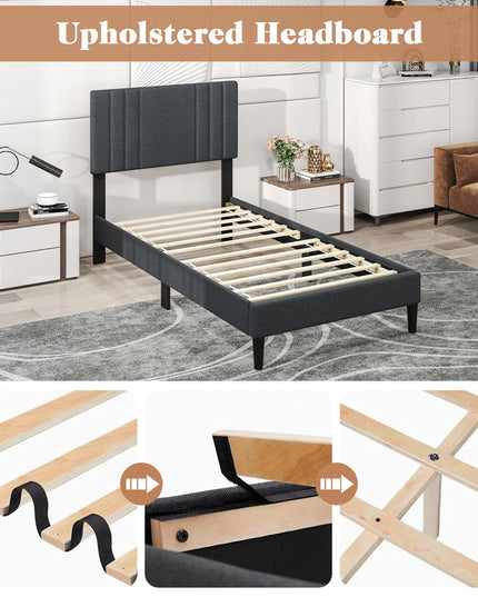 Giantex Modern Upholstered Platform Bed Frame with Vertical Channel Tufted Headboard