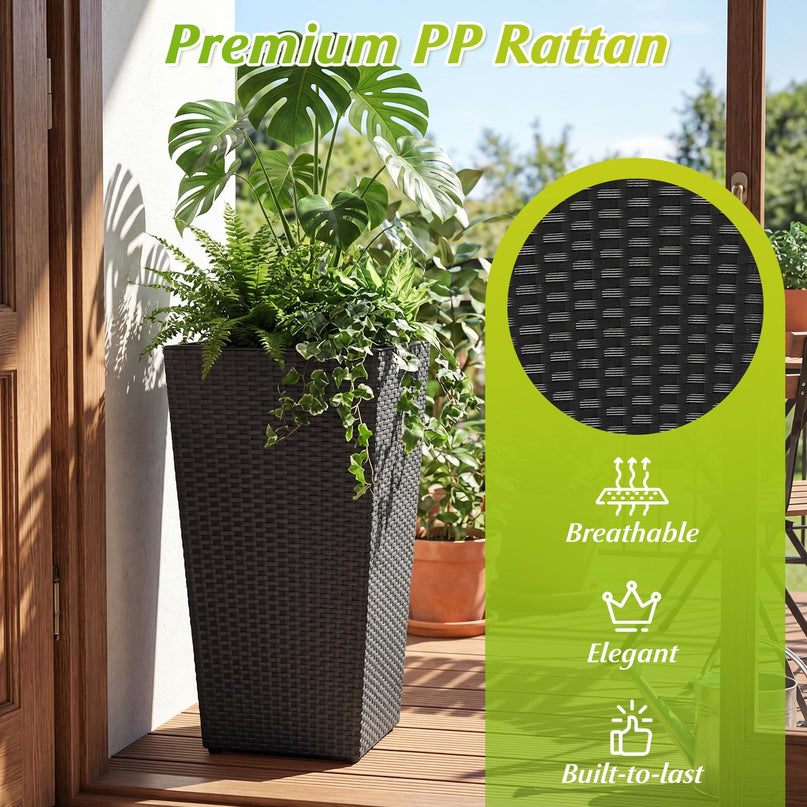 Giantex Lot de 3 jardinières hautes | Jardinières coniques en rotin de 76,2 cm, 55,9 cm et 47 cm de haut avec bacs intérieurs amovibles