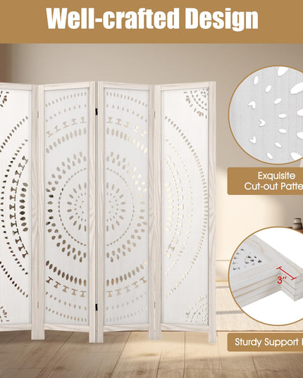 Giantex Room Divider 4 Panels - 66'' Boho Room Dividers with Carved Pattern & Solid Wood Frame