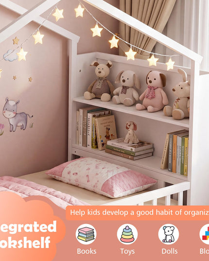 GIANTEX Twin Montessori Floor Bed with Storage Bookshelf & Safety Guardrail