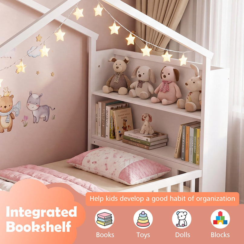 GIANTEX Twin Montessori Floor Bed with Storage Bookshelf & Safety Guardrail