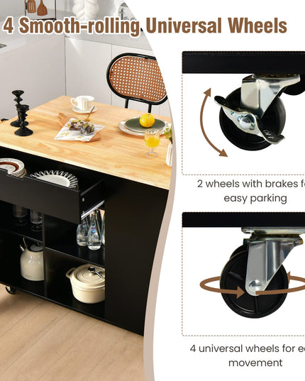 Giantex Kitchen Island Cart Drop-Leaf Countertop, Rubber Wood Breakfast Dining Table w/Large Drawer