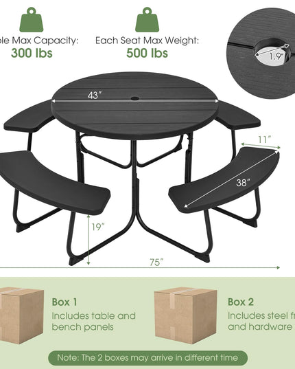 Giantex Picnic Table Set for Up to 8 Persons, Round Outdoor Table and Bench Set with Umbrella Hole
