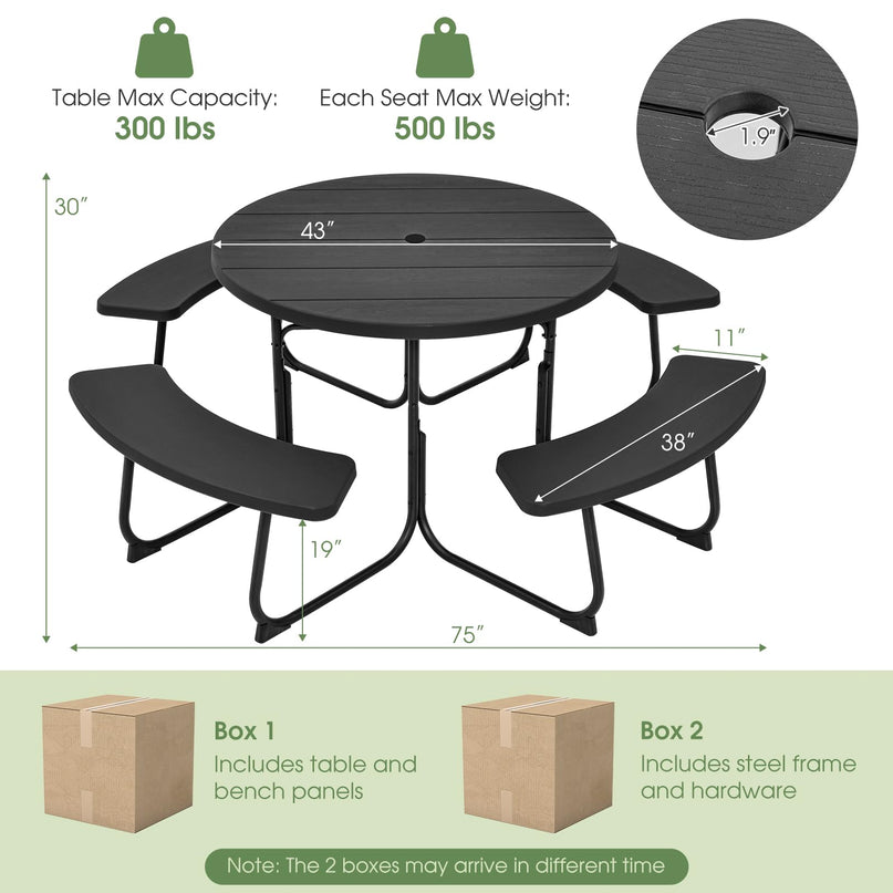 Giantex Picnic Table Set for Up to 8 Persons, Round Outdoor Table and Bench Set with Umbrella Hole