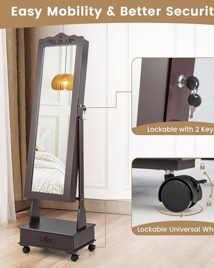 CHARMAID 6 LEDs Rolling Jewelry Cabinet with High Full Length Mirror, Lockable Standing Jewelry Armoire with Wheels