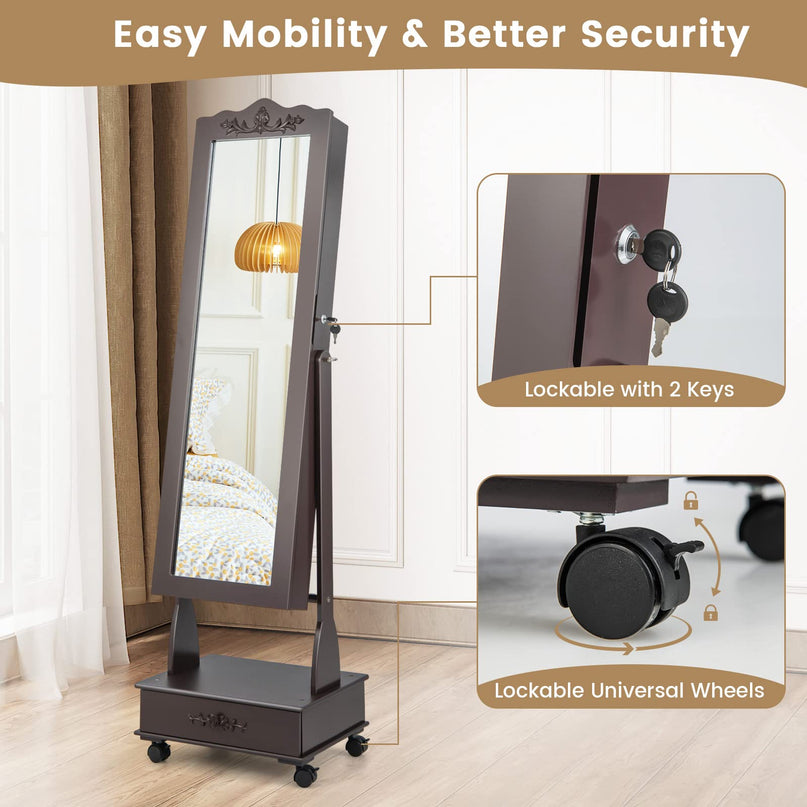 CHARMAID 6 LEDs Rolling Jewelry Cabinet with High Full Length Mirror, Lockable Standing Jewelry Armoire with Wheels