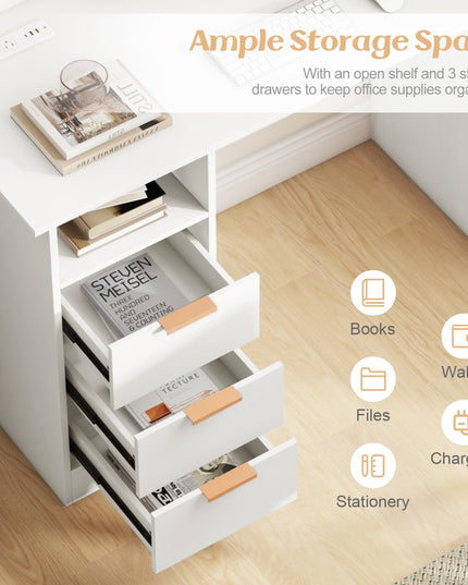 Giantex White Desk with Drawers, Modern Home Office Desk Writing Study Desk with Charging Station