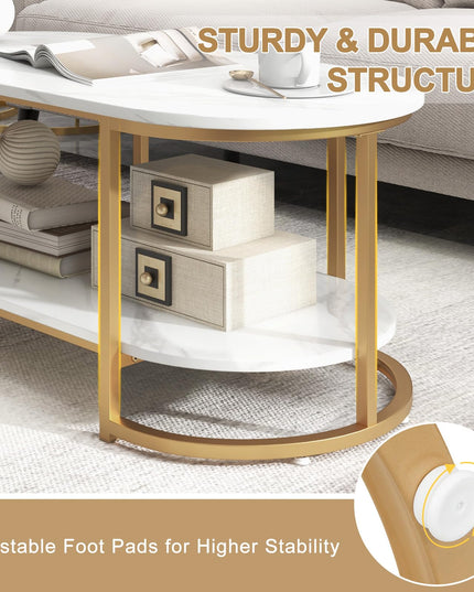 Giantex White Marble Coffee Table - Modern 2-Tier Center Table w/Open Storage Shelf