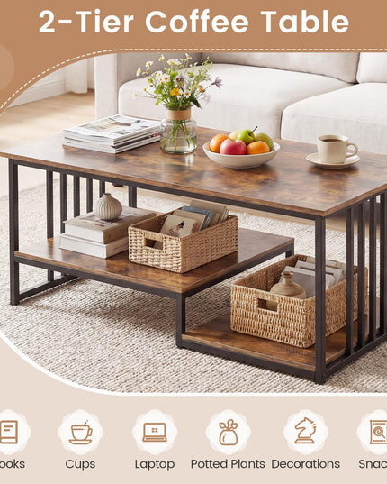 Giantex 43.5" Rectangle 2-Tier Farmhouse Coffee Table with Storage