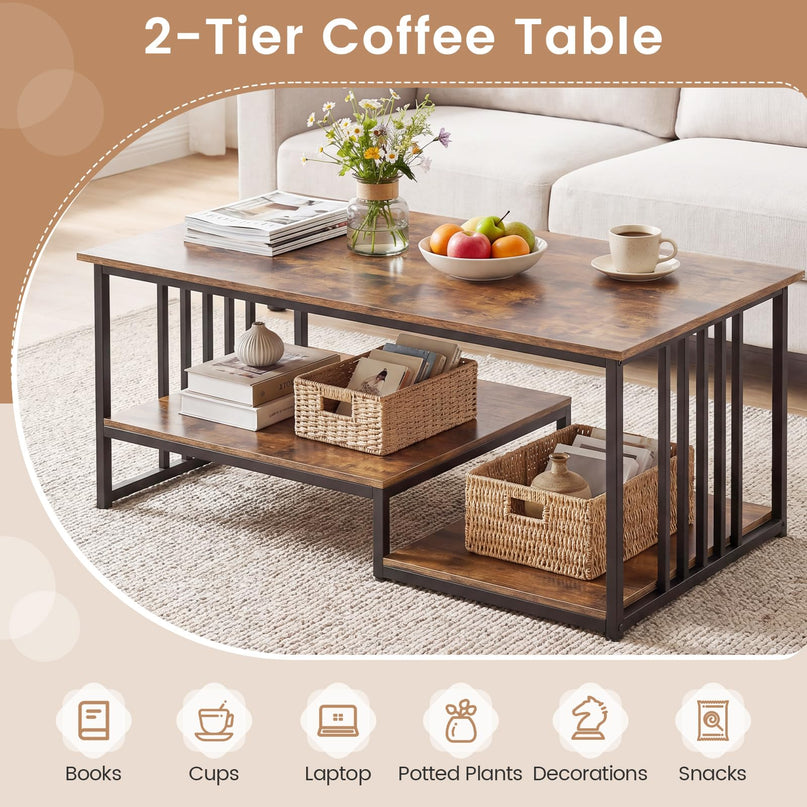 Giantex 43.5" Rectangle 2-Tier Farmhouse Coffee Table with Storage