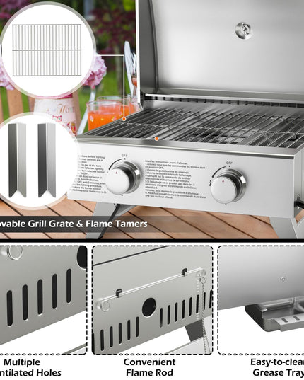 Giantex Portable Gas Grill - Tabletop Propane Grill with 2 Burners, 20,000 BTU total, Built-in Thermometer