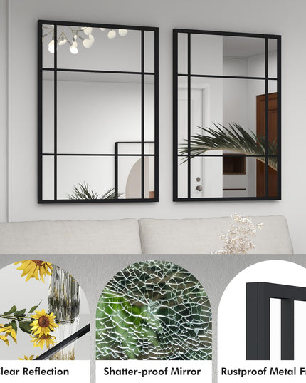 CHARMAID Window Wall Mirror - 40" x 28" Decorative Wall Mounted Mirror, Metal Framed Mirror
