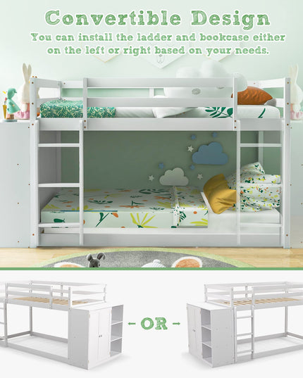 Giantex Twin Over Twin Bunk Bed with Storage Shelves, Solid Wood Bunk Bed Frame with Convertible Bookcase & Ladder, White