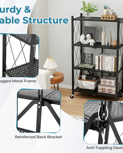 Giantex 4-Tier Foldable Storage Shelf, Collapsible Shelving Unit Display with Lockable Wheels