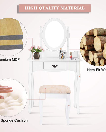 Giantex Bathroom Vanity Table Set w/Mirror Cushioned Stool Makeup Dressing Table Set